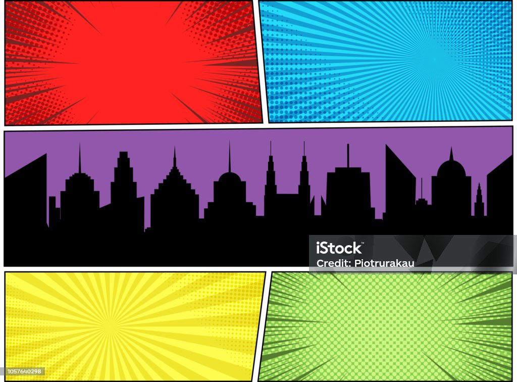 Comic book page colorful concept Comic book page colorful concept with night city silhouette radial rays halftone dotted humor effects. Vector illustration Comic Book stock vector