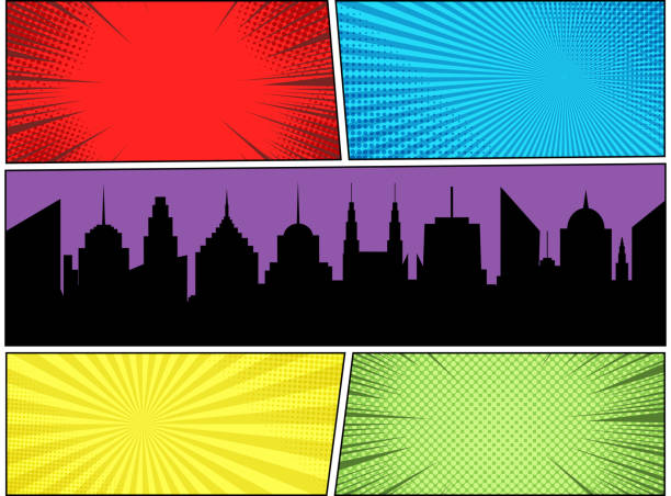 Comic book page colorful concept Comic book page colorful concept with night city silhouette radial rays halftone dotted humor effects. Vector illustration cityscape borders stock illustrations