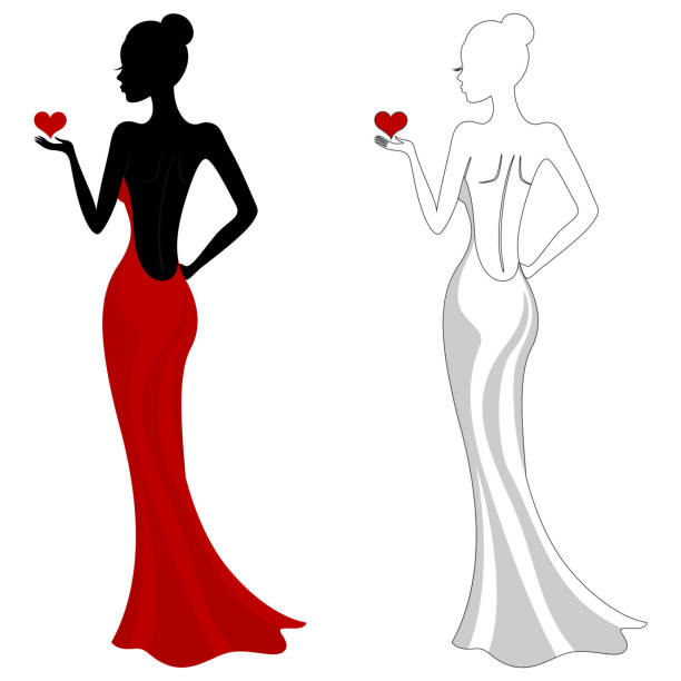 Beautiful girl in a red dress Silhouette of a beautiful girl in a red long dress red evening gown mannequin indoors stock illustrations