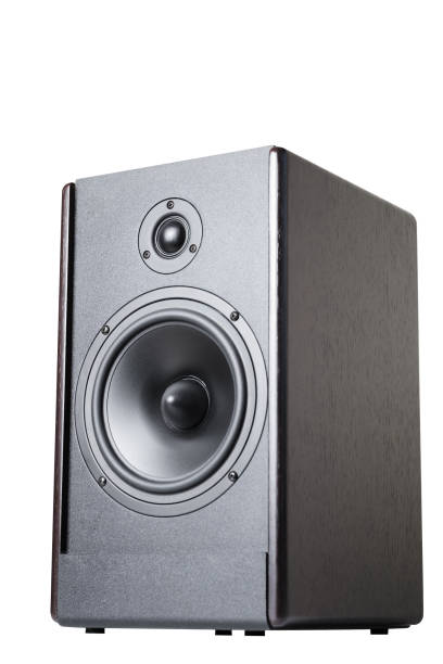 istock Wooden black audio speaker on a white background isolate 1057649852