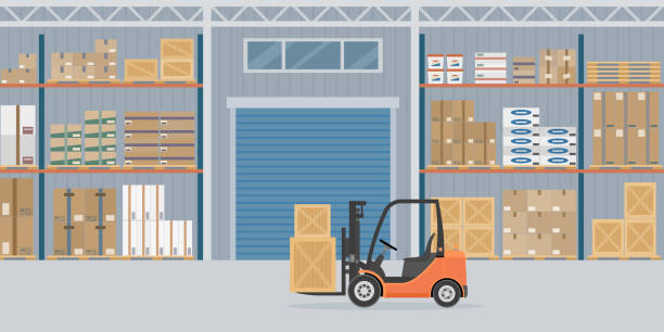 ilustraciones, imágenes clip art, dibujos animados e iconos de stock de carretilla elevadora de naranja en el interior del hangar de almacén. - distribution warehouse illustrations