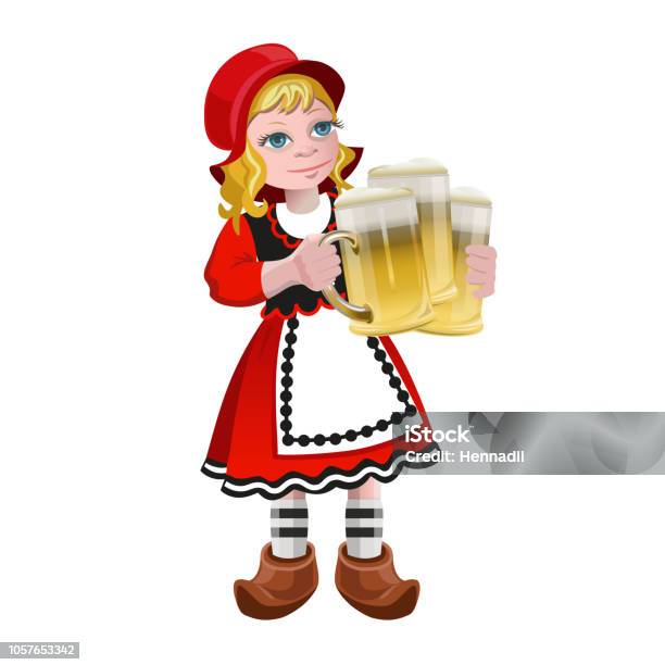 Girl Holding The Beer Glasses Stock Illustration - Download Image Now - Bar - Drink Establishment, Bavaria, Beauty