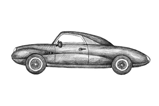 istock Hand drawn invented retro car. Black pencil drawing on white background. Hardtop, sedan sport car. 1057653510