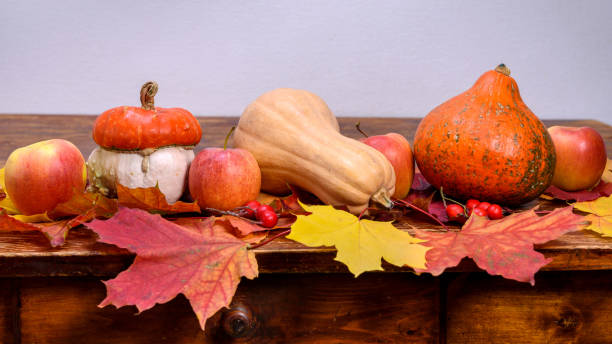 istock Pumpkins, apples and fallen leaves on a wooden table. Autumn background. 1057657372