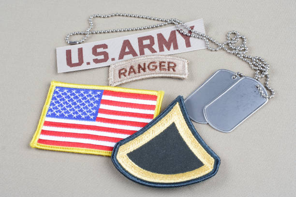 istock US ARMY Private First Class rank patch, ranger tab, flag patch and dog tag 1057659612