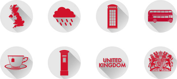 illustrazioni stock, clip art, cartoni animati e icone di tendenza di set di icone piatte del regno unito - telephone booth telephone panoramic red