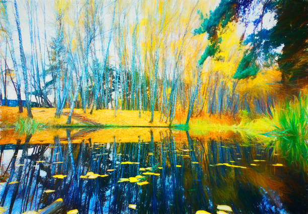 istock Autumn park pond with reflections illustration background 1057663338