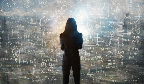 istock Young woman looking on the black board with mathematical formulas and calculations. Bright idea, way of thinking, discovery and challenge concept. 1057665680