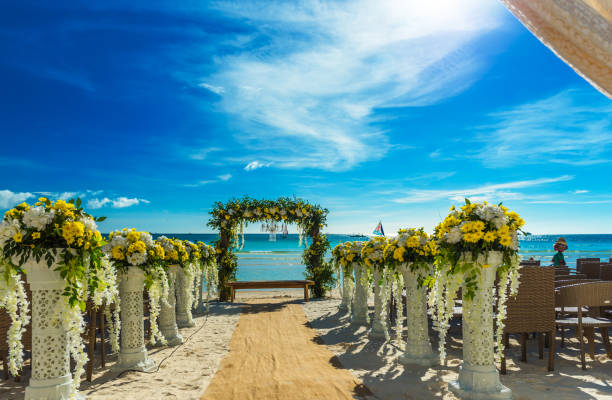Wedding arch on the background of the sea in Boracay, Philippines. Copy space for text. stock photo