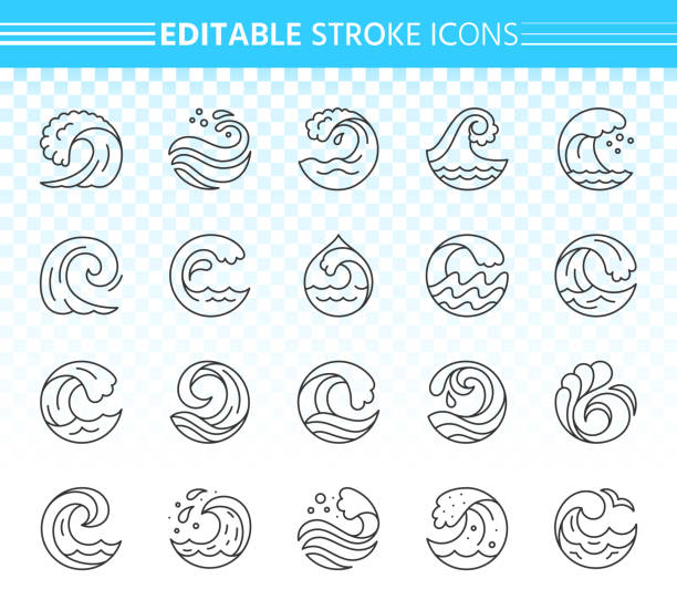 ilustraciones, imágenes clip art, dibujos animados e iconos de stock de onda simple línea negra los iconos vector conjunto - wave sea storm water