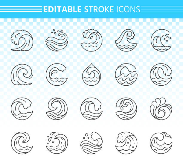 Water wave simple black line icons vector set Wave thin line icons set. Outline web sign kit of sea. Splash linear icon collection includes clean water, ocean beach, surf sport. Editable stroke without fill Black wave simple contour vector symbol breaking wave stock illustrations