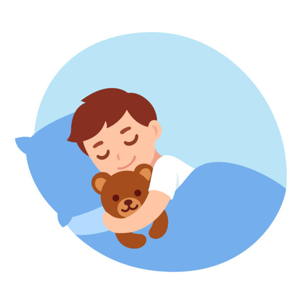 Sleeping boy with teddy bear Cute cartoon little boy sleeping with teddy bear. Simple vector illustration. bedtime illustrations stock illustrations