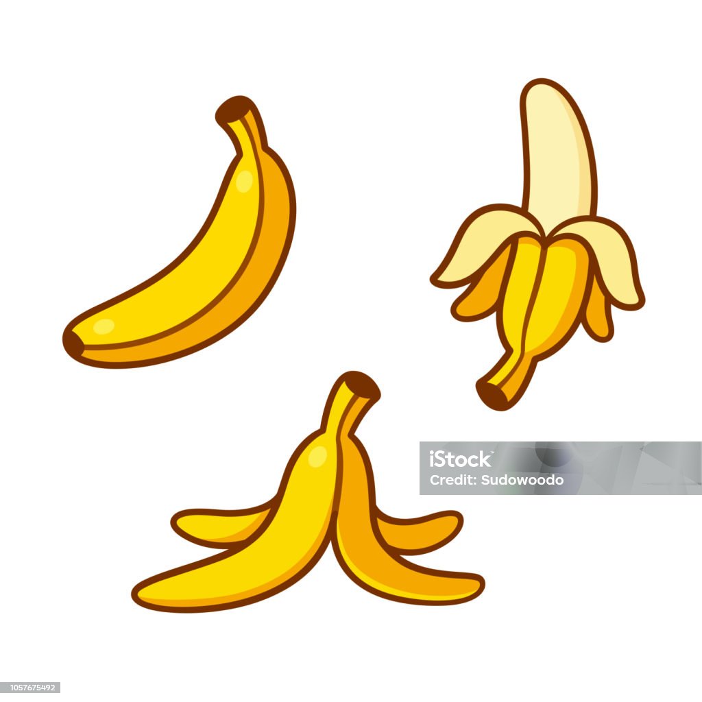 Cartoon bananas illustration set Set of cartoon banana drawings: single, peeled and banana peel on the ground. Vector clip art illustration collection. Banana stock vector