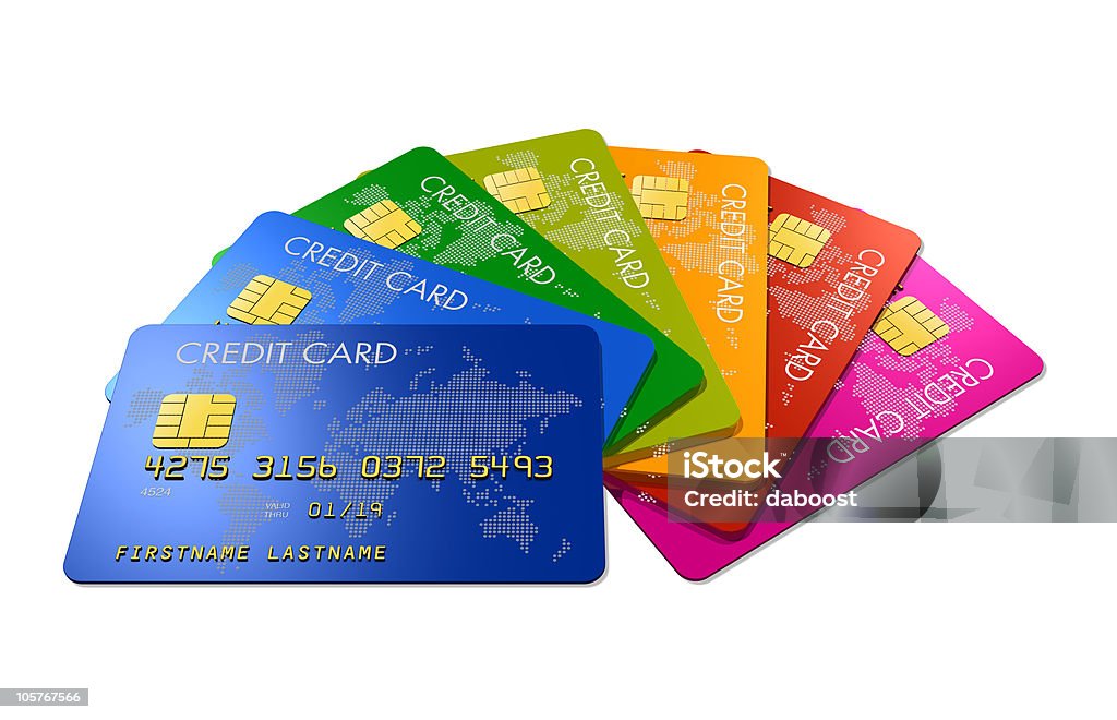 Colored credit cards credit cards group making a color swatch, isolated on white Blue Stock Photo