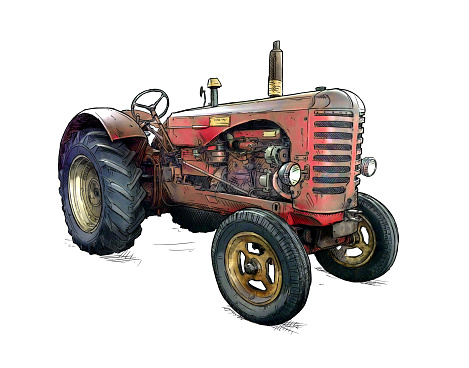Old red tractor illustration in cartoon or comic style. Tractor was made in Scotland, United Kingdom in between 1954 - 1958 or 50's.