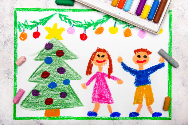 istock Colorful drawing: A Christmas time, a smiling couple and a beautiful Christmas tree 1057677274