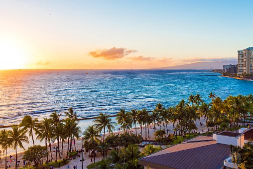View of the sandy beach at sunset, Honolulu, Hawaii. Copy space for text