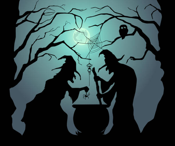 Witches brew a magic potion for Halloween. Happy Halloween. Witches brew a magic potion for Halloween. cooking silhouettes stock illustrations