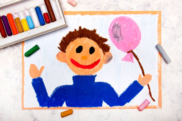 istock Colorful drawing: Smiling boy with pink balloon in his hand 1057680126