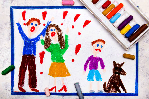 istock Colorful drawing: quarreling parents and their sad son 1057682424