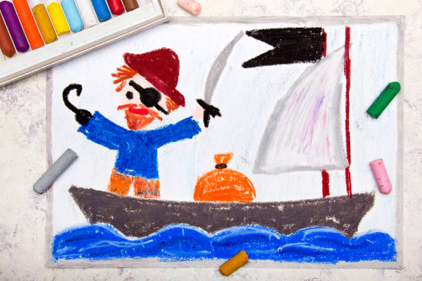 istock Colorful drawing: Old Pirate with a patch over his eye, hook and cap stands on the pirate ship 1057682514