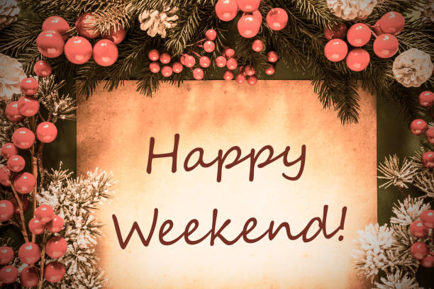 istock Retro Christmas Decoration, Fir Tree Branch, Text Happy Weekend 1057682532