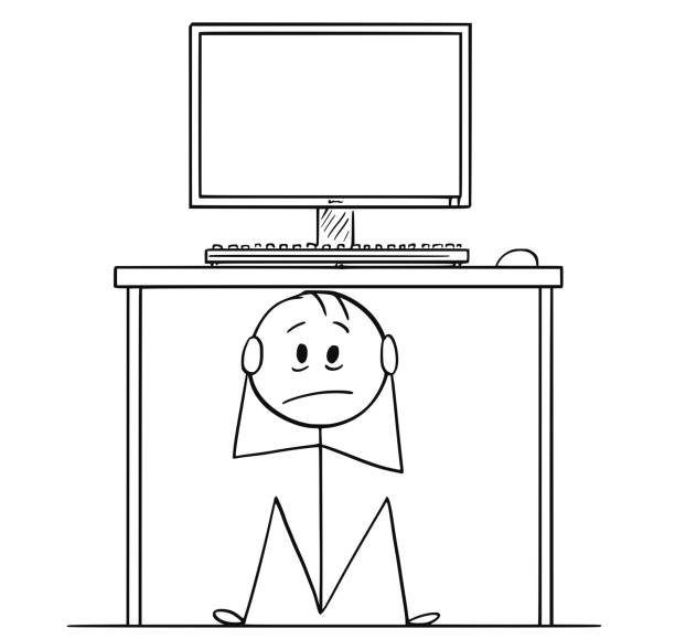 istock Cartoon of Man or Businessman Sitting Hidden Under Desk With Computer 1057685196