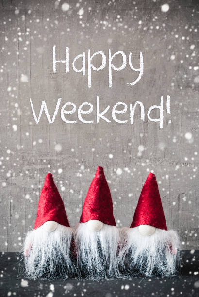 istock Three Red Gnomes, Cement, Snowflakes, Happy Weekend 1057685242