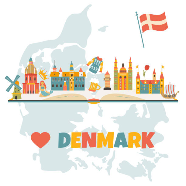 ilustraciones, imágenes clip art, dibujos animados e iconos de stock de bandera con símbolos danés, lugares famosos, personajes. cartel ilustrado con lugar para el texto - denmark map copenhagen cartography