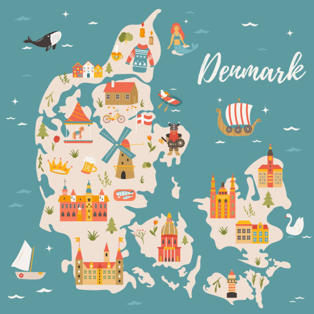 유명한 명소, 기호 덴마크 왕국 그림된 지도. 밝은 스칸디나비아 포스터 - denmark map copenhagen cartography stock illustrations