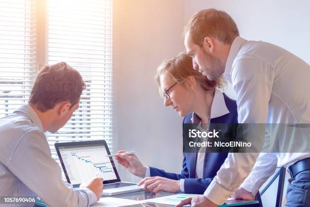 Project Manager Meeting With Team For Decision On Planning Milestones And Deliverables Gantt Chart Schedule On Computer Screen 3 People In Office Stock Photo - Download Image Now