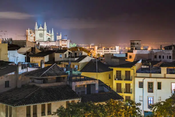 Night over the old town of the city of Palma, in Mallorca
