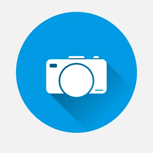 Vector illustration of Vector digital camera icon on blue background. Flat image Retro camera with long shadow. Layers grouped for easy editing illustration. For your design.