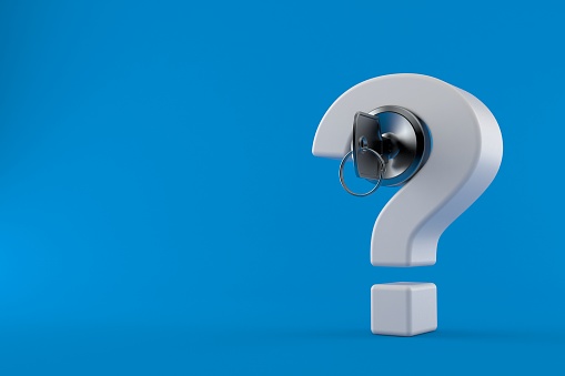 Question mark with door lock isolated on blue background. 3d illustration