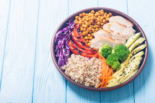 istock Buddha bowl with avocado , chicken , pepper , quinoa and chickpea 1057702516