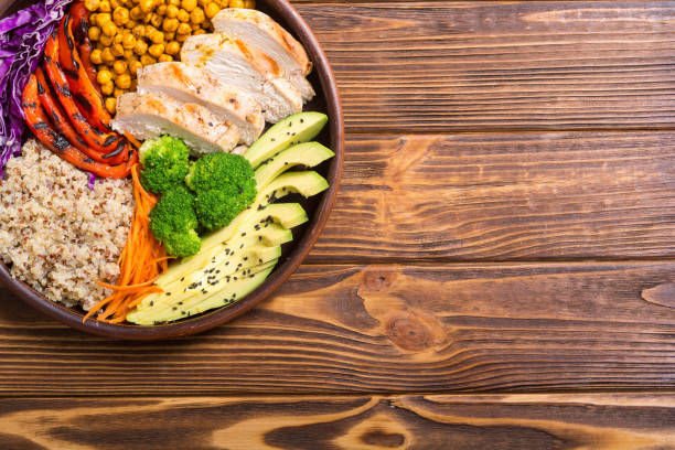 istock Buddha bowl with avocado , chicken , pepper , quinoa and chickpea 1057702526