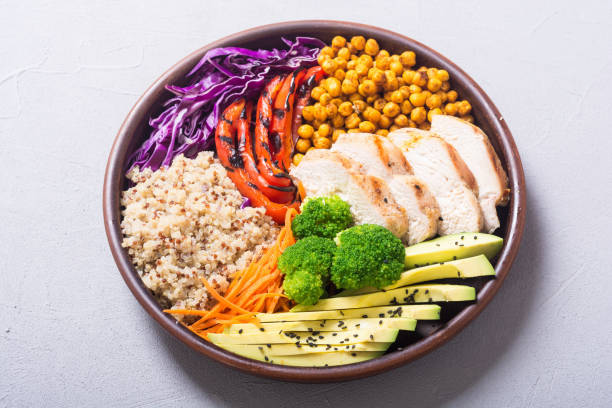 istock Buddha bowl with avocado , chicken , pepper , quinoa and chickpea 1057702528