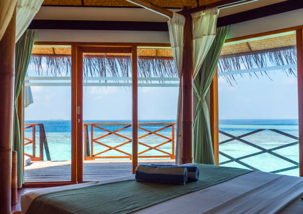 Stylish room with an ocean view, Maldives. With selective focus. stock photo