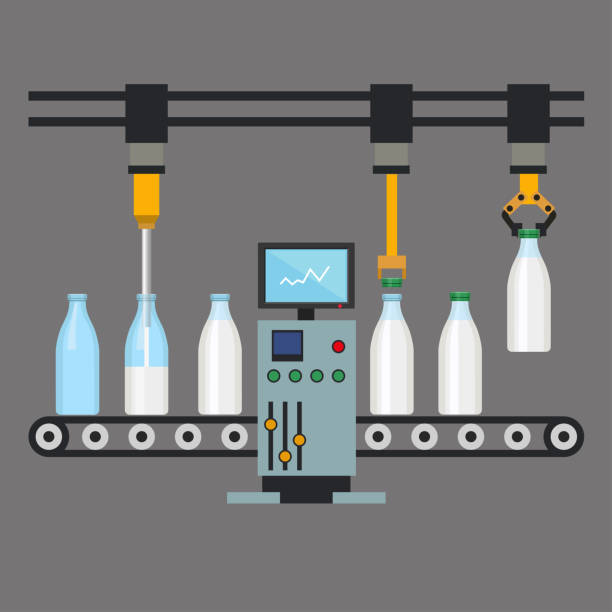 wektor przenośnika udojowego - milk industry milk bottle factory stock illustrations