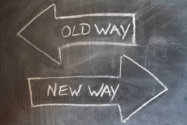 istock Old way, new way written on blackboard. Change concept 1057709956
