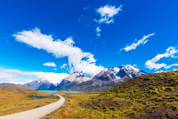 Lake Pehoe, Torres del Paine National Park, Patagonia, Chile, South America. Copy space for text. stock photo