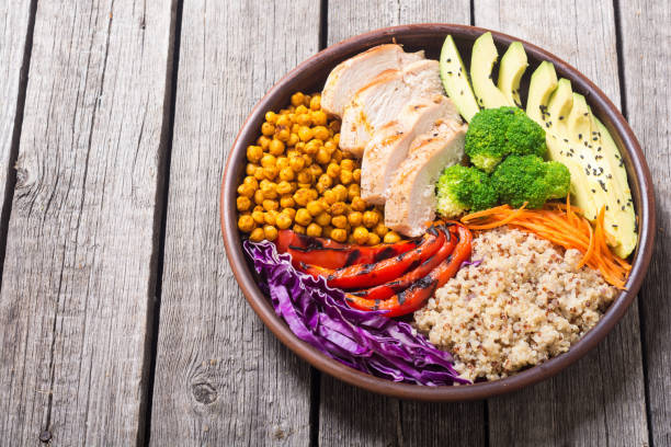 istock Buddha bowl with avocado , chicken , pepper , quinoa and chickpea 1057713894