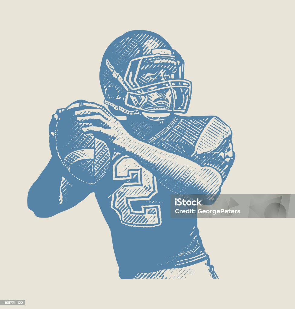 Quarterback passing football Engraving illustration of a American Football Quarterback passing football Achievement stock vector