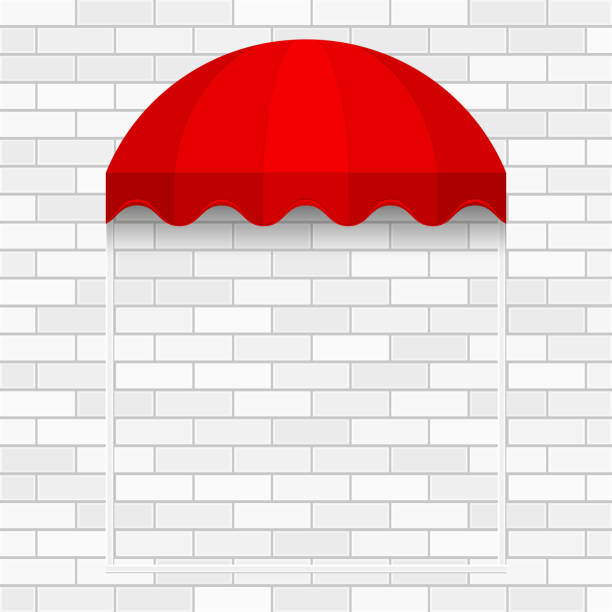 stockillustraties, clipart, cartoons en iconen met commerciële luifel voortent serie. vector muur. rode koepel luifel sjabloon. klaar sjabloon voor poster, banner reclame - koepel