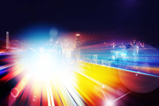 istock City night view with moving traffic light trails. double exposure 1057735188