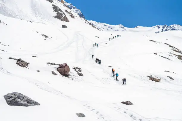 Photo of Andes mountains views covered with snow an amazing alpine view from the valleys to the summits. An incredible rough landscape in central Andes mountain range at Santiago de Chile. El Morado Mountain.