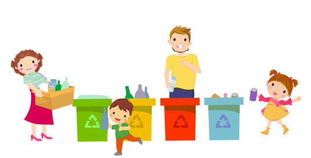 семья собирает мусор и пластиковые отходы для переработки. векторный элемент иллюстрации, изолированный на белом фоне. - recycling green environment superhero stock illustrations