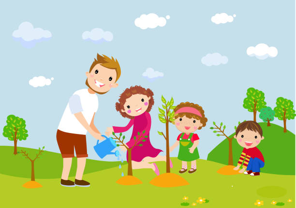 Family planting tree Family planting tree farmer son stock illustrations