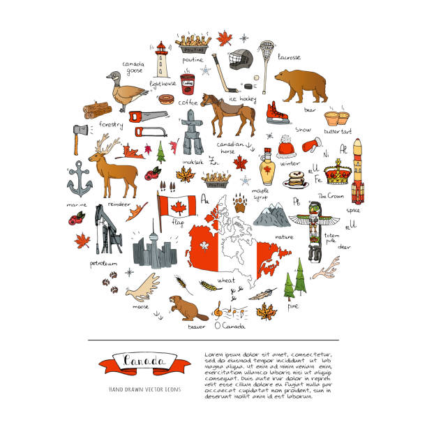 Canada icons set Hand drawn doodle Canada icons set Vector illustration isolated symbols collection of canadian symbols Cartoon elements: bear, map, flag, maple, beaver, deer, goose, totem pole, horse, hockey, poutine british columbia map cartography canada stock illustrations
