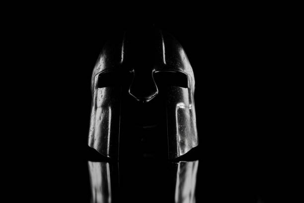 3d rendering of ancient greek Sparta type helmet in low key light